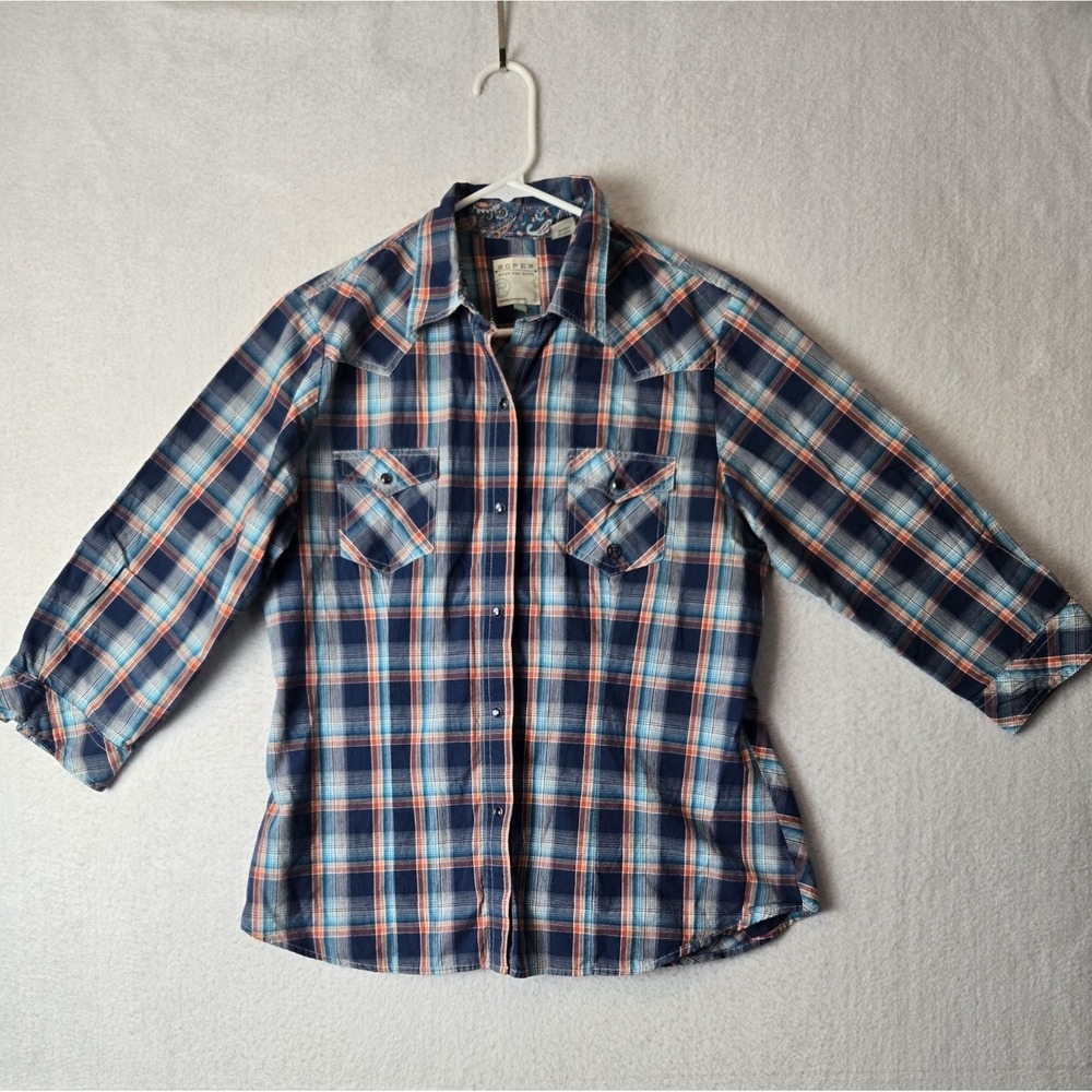 Roper Womens Plaid Western Shirt L Blue Orange Pearl Snap Cotton